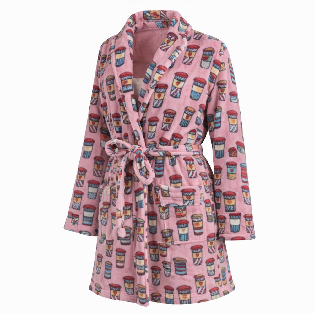Pajama Mania 2X Robe Pink Plush Fleece  Coffee Cup Print Cozy Plus Size Lounge